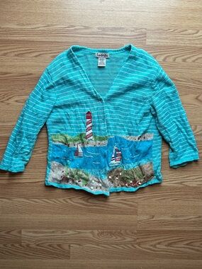 Timberlea Vintage Women's Button Up Sweater Cardigan Lighthouse Sailboats Sz XL